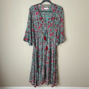 Mary Marshmallow Blue Pink Floral Printed Boho Maxi Dress Women’s Size Small